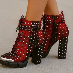6.5 Gianni Bini Rhiannen Plaid Studded Chunky Lug Sole Booties - Rocker Chic!